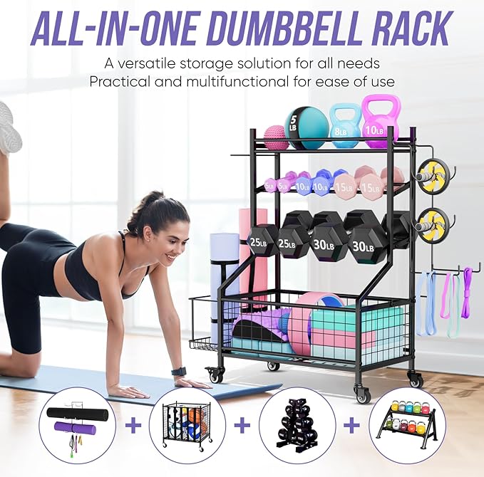 WUC Adjustable Dumbbell Rack, Weight Rack for Home Gym Storage, All-in-One Workout Equipment Storage with Wheels and Hooks for Dumbbells, Kettlebells, Yoga Mats & Balls, Durable Powder Coated Steel