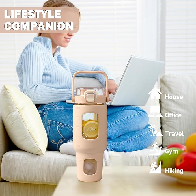 BLUEGO 40 oz Glass Water Bottles with Straw Time Marker, Glass Tumbler with Handle Top Lids, Easy to Clean, Fits in Car Cup Holder, Leakproof Jug for Gym, Sports, Workout & Daily, Amber