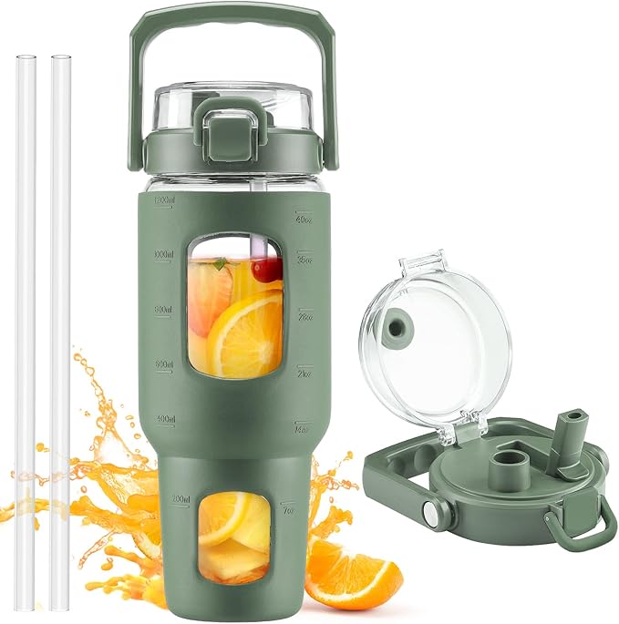 BLUEGO 40oz Glass Tumbler with Lid and Straw, Glass Water Bottles with Handle, Glass Cup with Time Marker and Silicone Sleeve, Fits Most Cup Holder, Leak-proof, Olive