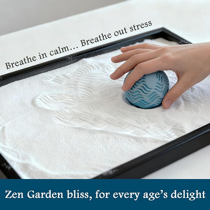 Japanese Zen Garden Kit for Desk with 3 Sand Spheres, Zen Decor with Wooden Tray and Natural Rake Torii Gate Ornament for Home & Office, Desktop Sandbox for Relaxation and Meditation