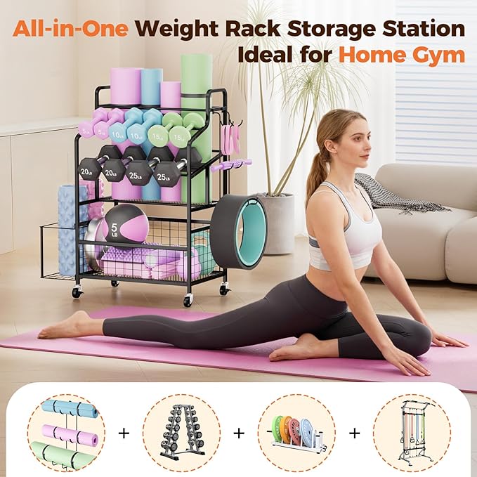 Weight Rack Storage for Home Gym, Adjustable Dumbbell Stand Organizer with Wheels and Hooks, Workout Equipment Organizer Holds Yoga mats, Kettlebells, and Fitness Accessories