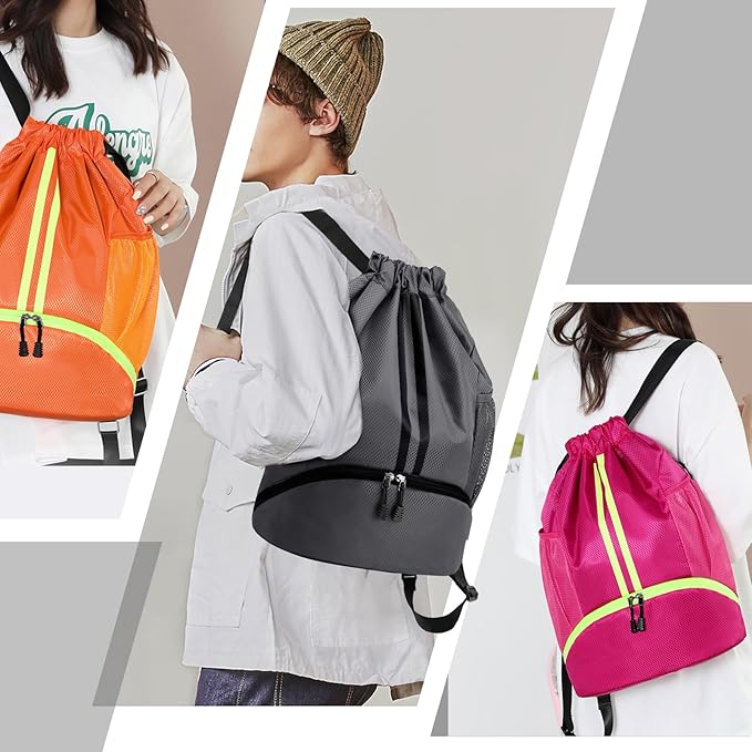 Hoedia Sports Drawstring Backpack - String Swim Gym Bag with Shoes Compartment and Wet Proof Pocket for Women and Men, Dark Grey