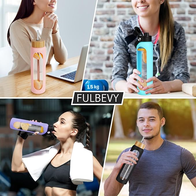 25 oz Glass Water Bottles - Motivational Tumbler With Time Marker - Borosilicate Glass Bottle, Silicone Sleeve, 2 Lids,Handle Spout & Bamboo Straw, Black