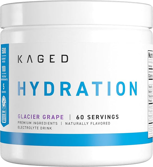 Kaged Hydration Electrolytes Powder | Glacier Grape | Hydra-Charge Sports Drink Mix | Pre, Post, Intra Workout | Low Carb, Vegan, Gluten Free | Supplements for Men & Women | 60 Servings