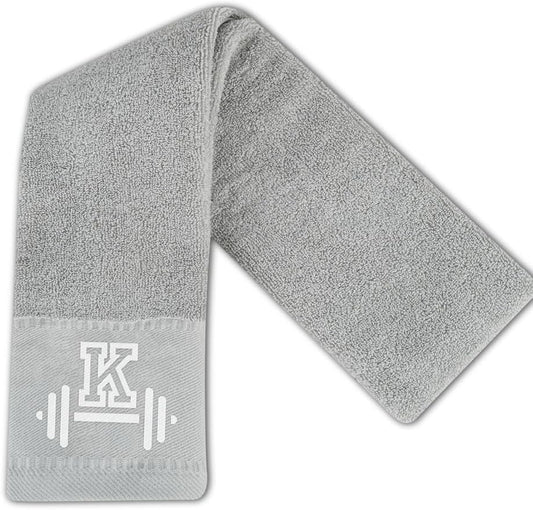 Gym Towel, Personalized Workout Gifts for Men, Women, Sports Lover, Exercise Fitness Gift for Gym Enthusiast on Birthday, Christmas, Soft and Absorbent Towel, Gray, Initial K