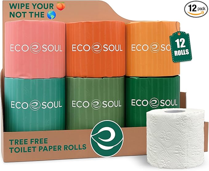 ECO SOUL Bamboo Toilet Paper 12 Mega Rolls 3 Ply, 300 Sheets per Roll | Eco-Friendly Septic Safe Organic Bath Tissues Sustainable Toilet Paper Compostable - FSC Certified