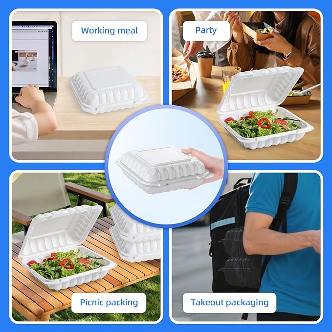 YANGRUI Food Containers 8 Inch 34 oz 55 Pack - Shrink Wrap BPA Free Mineral Filled PP Plastic Container | Reusable Freezer & Microwave Safe Meal Prep Takeout | White Heavy Duty Clamshell Lunch Boxes