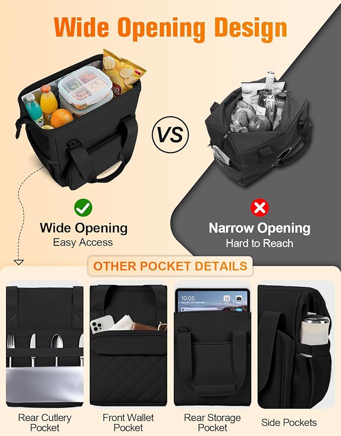 Lunch Box for Women & Men, 20L Large Insulated Lunch Bag with Wide Opening, Leak-Proof & Multi-Pocket Cooler Bag, Adjustable Strap Lunch Tote Bags for Work, Office, Picnic and Camping