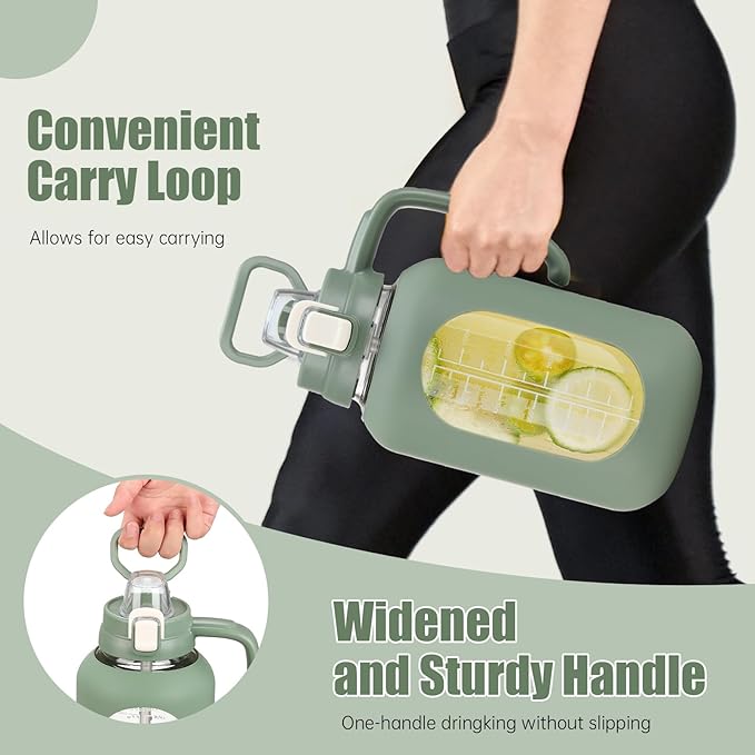 64 oz Glass Water Bottle with Straw and Handle Half Gallon Water Jug with Silicone Sleeve Large Water Bottle for Office, Gym, Outdoor Sports