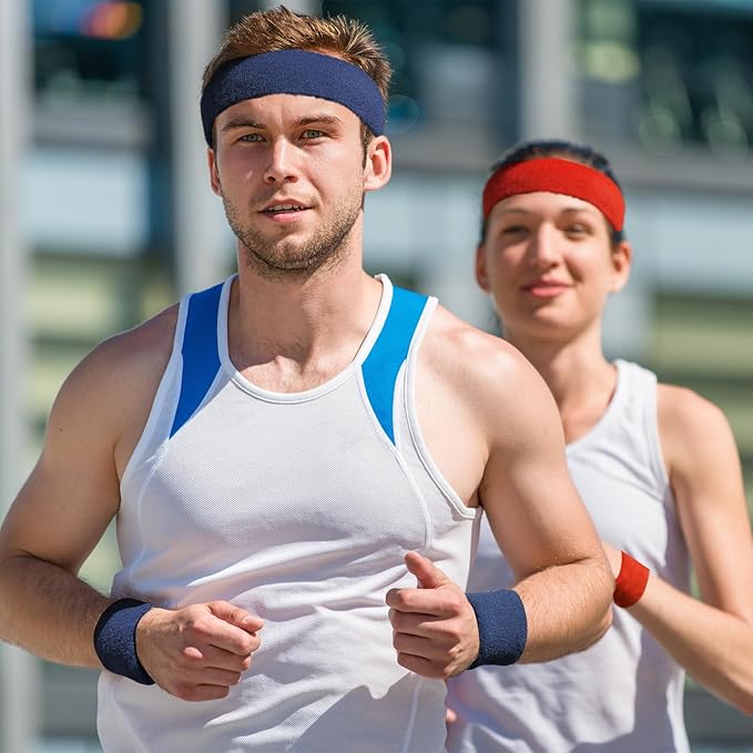 Civaner 12 Pcs 80s 90s Sweatbands Neon Headbands Wristbands for Men Women Party Sports Cotton Headbands Terry Cloth Athletic Sweat Bands for Tennis Football Gym Workingout Accessories