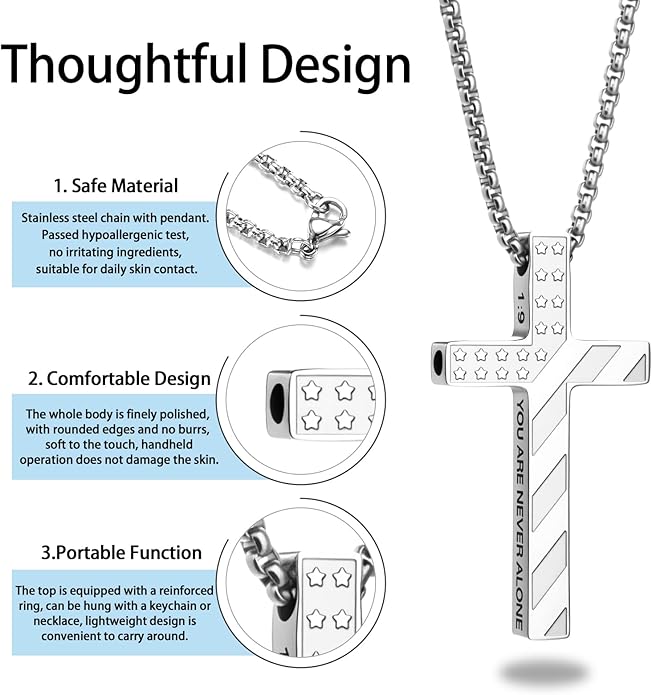 American Flag Cross Breathing Necklace for Women Men Quit Stop Smoking Stainless Steel Inspirational Bible Verse Anxiety Relief Mindfulness Jewelry for Stress Relief Christian Meditation Gift