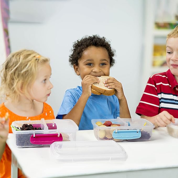 4 Pack Plastic Snack Containers with Lids, 2 Compartment Food Container for Kids Snack Box, Travel Bento Lunch Containers with forks for Fruits/Candies, Divided Food Storage Containers for School