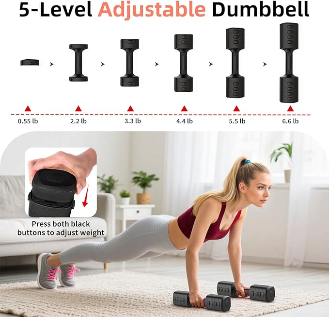 2-in-1 Adjustable Dumbbell Set, Upgraded 5 Levels Heavier Hand Weights for Women Men, Each 2.2/3.3/4.4/5.5/6.6lb, Convertible Weights Dumbbells and Kettlebell Set for Home Gym Exercise & Fitness