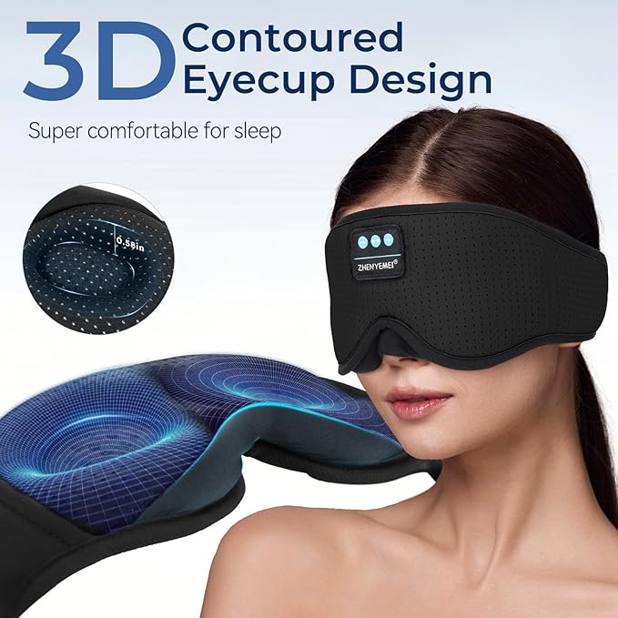 3D Sleep Mask with Bluetooth Headphones, Breathable Cotton Sleeping Headphones for Side Sleepers, Wireless Music Eye Mask with Timer, Gifts for Men Women, Black