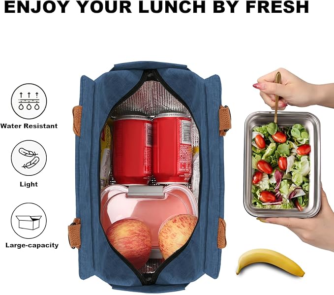 Joymee Lunch Bag Women Insulated Lunch Box with Adjustable Shoulder Strap Large Reusable Adult Lunch Box Lunch Tote Lunch Bag with Water Bottle Holder and Side Pockets for Work-Navy Blue