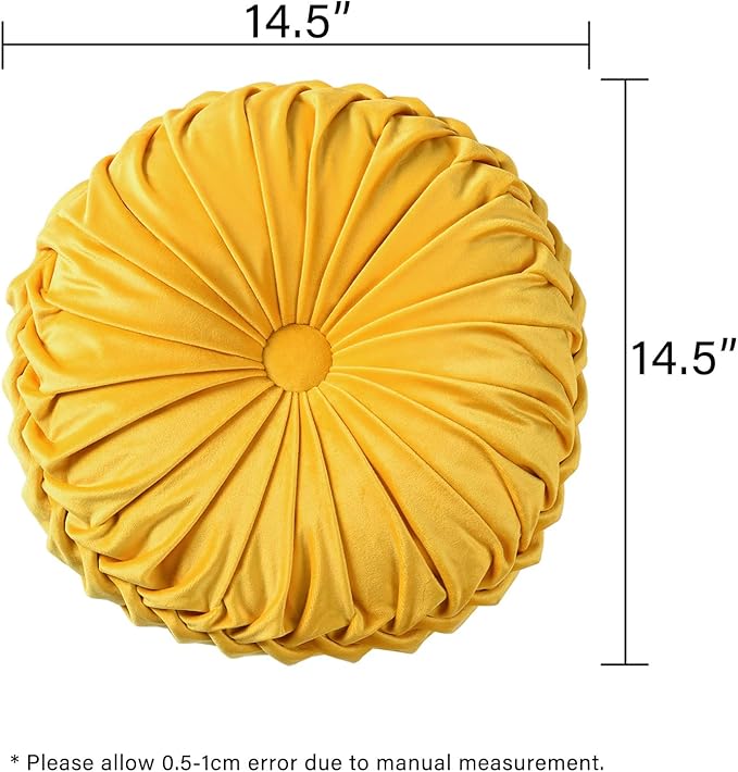 HIG Set of 2 Decorative Round Pleated Throw Pillows, Classy Accent Pumpkin Throw Pillows with Center Button, Vintage Velvet Floor Pillow for Sofa Couch Vanity Chair Bed, Yellow, 14.5" Diameter(RIPPLE)