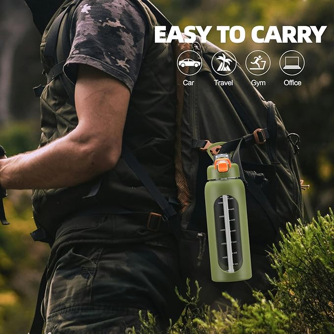 64 oz Glass Water Bolttles with Straw Half Gallon Large Motivational Water Bottle with Time Marker Sports Water Bottles with Silicone Sleeve and Handle Lid Water Jug for Gym Workout