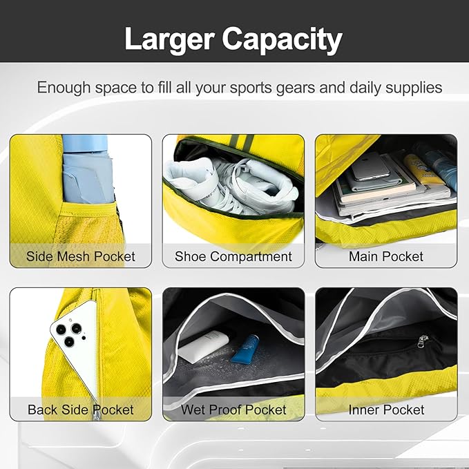 Hoedia Sports Drawstring Backpack - String Swim Gym Bag with Shoes Compartment and Wet Proof Pocket for Women/Men (Yellow)