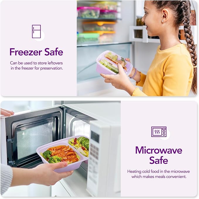 Glotoch 50 Pack Purple Meal Prep Containers Reusable 2 Compartments, Glotoch 32OZ to Go Containers for Food, Disposable Plastic Food Containers with Lids for Microwave Dishwasher Freezer Safe