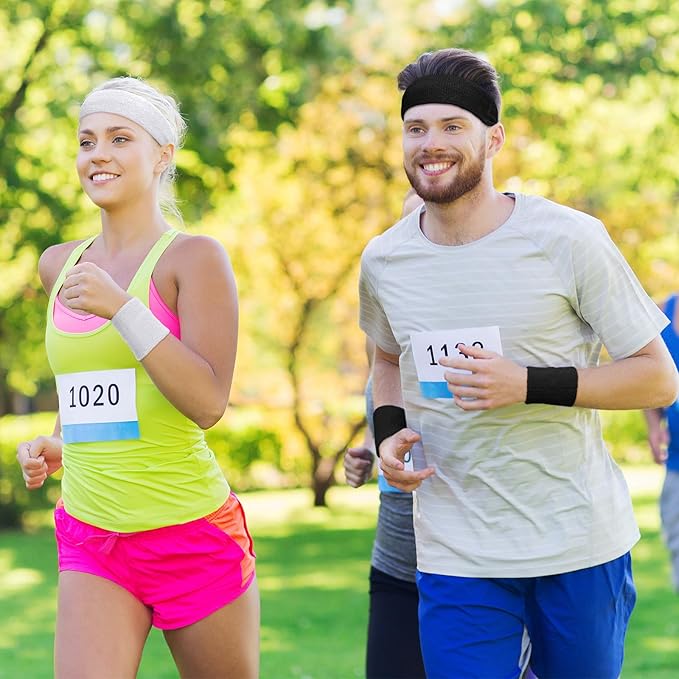 SATINIOR 8 Sets 80s Sweat Band and Wristband Sports Neon Headbands Exercise Sweatbands Gym Wristbands for Men Women Sports Activities(Black, White)