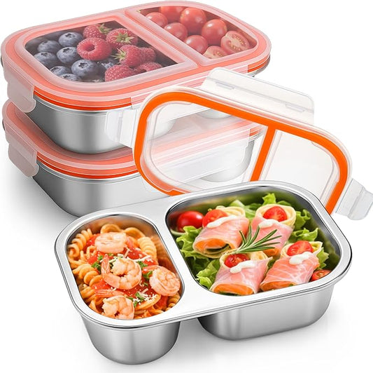 Palksky Lunch Containers Meal Prep Containers Stainless Steel, 2 Compartment Food Storage Containers with Leak-Proof Lids, Reusable Airtight Bento lunch Boxes, Kitchen Storage, Freezer (3 Packs)