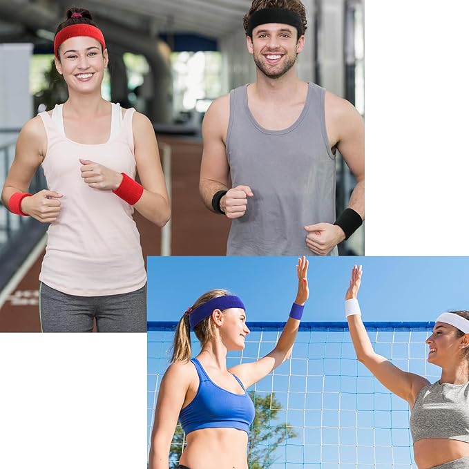 Cosmos 4 Pcs Soft Cotton Headband Sweatband Set Moisture Wicking Sports Headband + 4 Pairs of Wristband Sweatband Wrist Sweat Band Brace for Sports Outdoor Running Cross Training Yoga Workout