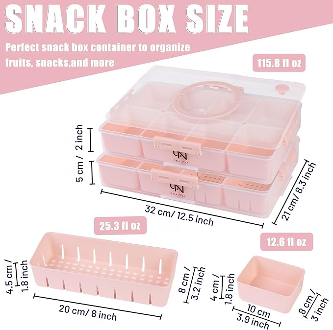 Stackable Snackle Box Container with 2 Lids - BPA-Free Snackle box Organizer, Dishwasher & Microwave Safe Reusable Snacklebox for Veggies, Fruits, Charcuterie, Snacks (Pink, 2 Pack)