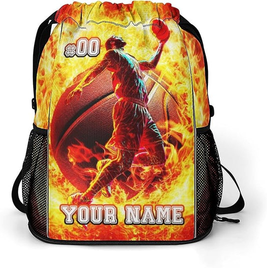 Custom Basketball Drawstring Backpack - Cool Cinch Sack, String Backpacks with Pocket for Kids Women Men Boys Girls for Gym Outdoor Sports Travel Athletic Drawstring Bag - Lightweight/Foldable