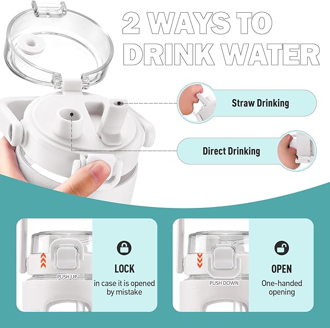 BLUEGO 40oz Glass Tumbler with Lid and Straw, Glass Water Bottles with Handle, Glass Cup with Time Marker and Silicone Sleeve, Fits Most Cup Holder, Leak-proof, White