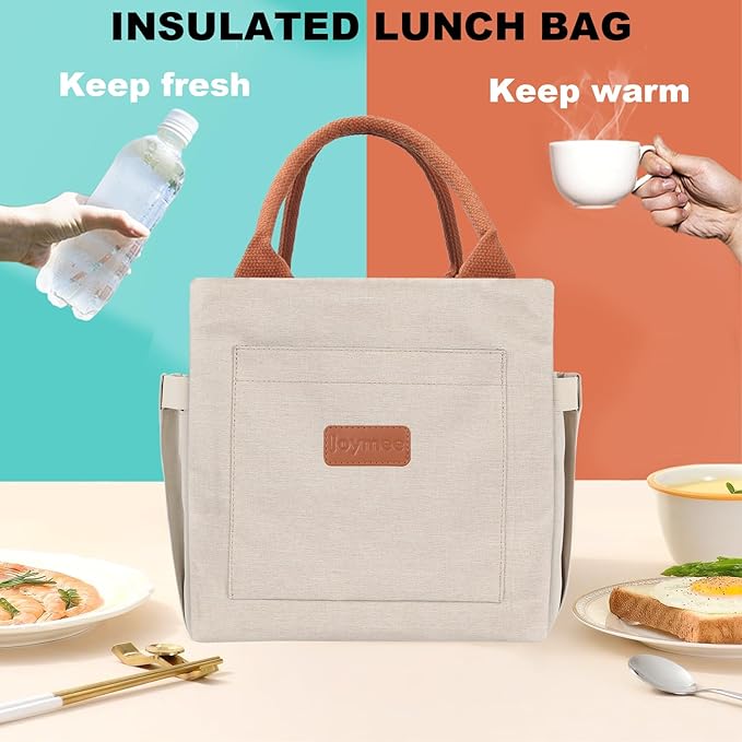 Joymee Lunch Bag Women Insulated Lunch Box with Adjustable Shoulder Strap Large Reusable Leakproof Spacious Cooler Tote for Women Men Adult with Bottle Holder and Side Pockets - Beige