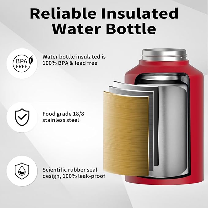 Half Gallon Water Bottle Insulated(Cold for 48 Hrs),BPA Free&Leak Proof,64oz Stainless Steel Water Jug/Flask,Big thermo,Large Water Bottle with Handle for Gym,Hiking,Camping,Red