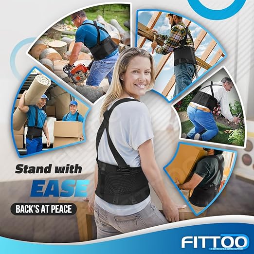 FITTOO Back Brace with Removable Suspenders & Lumbar Pad for Back Pain Relief, Heavy Lifting Support, Moving and Warehouse Jobs, Lower Back Pain Protection Belt for Men & Women in Construction