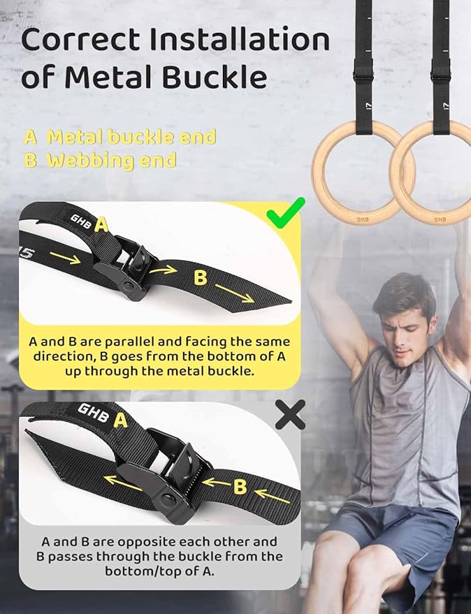 GHB Gymnastic Rings Wooden Gym Rings 1.25" Olympic Rings Adjustable Straps Pull Up Rings Sets for Workout Bodyweight Fitness Training