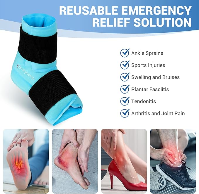 Comfytemp Ankle Foot Ice Pack Wrap for Plantar Fasciitis Relief, FSA Eligible, Ankles Brace for Sprained Ankle, Heel Spur, Swelling, Achilles Tendonitis, Pain, Hot Cold Physical Therapy Gifts, 1 Pcs