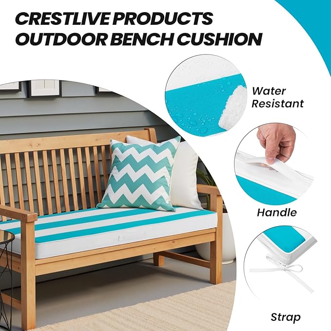 Crestlive Products Outdoor Bench Cushion 48 x 18 Inch, Waterproof Patio Bench Cushions for Outdoor Furniture, Porch Swing Replacement Pad with 30D Foam, Adjustable Straps, Blue White Stripe