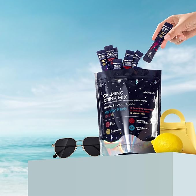 Calm Magnesium Glycinate Drink Mix with Electrolytes – Sugar Free Powder with Ashwagandha, L-Theanine, Vitamin B & GABA – Cortisol Support, Stress Relief, Hydration & Focus - 30 servings (Variety)