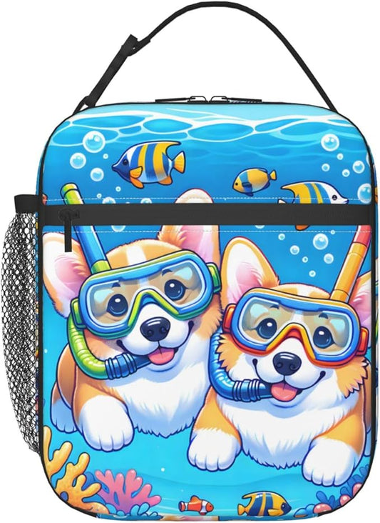 Cute Dog Lunch Box for Kids,Puppy Insulated Bag for Student,Pet Lovers Reusable Thermal Insulation Cooler Tote Bags for School Work Picnic Camping Outdoor Gifts (Corgi Diving)