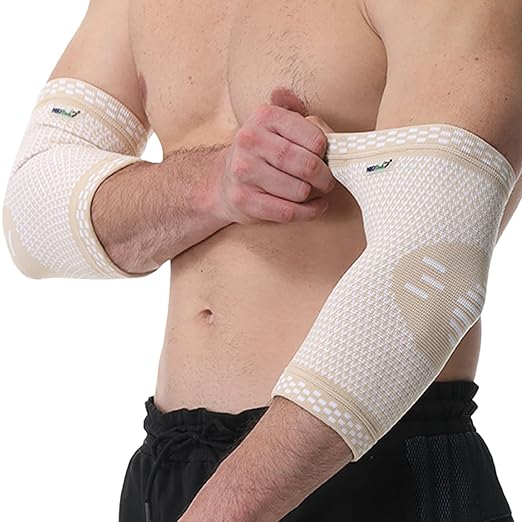 NeoTech Care Elbow Support Brace - Breathable - Men, Women, Right or Left (Beige Color, Size S, 1 Pair)