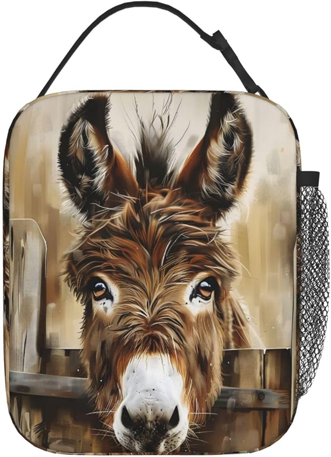 Cute Donkey Lunch Box for Women Girls Kids, Insulated Cooler Rustic Farm Donkeys Lunch Bag for School, Picnic, Office, Work, Travel, Portable Polyester Thermal Reusable Tote Lunch Bags