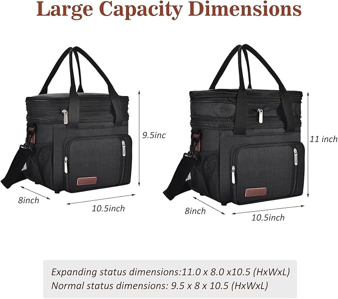 Expandable Lunch Box for Women Men | Adult Lunchbag Cooler Tote Bag with Adjustable Shoulder Strap | Insulated Reusable Womens Lunch Bags for Work Camping Beach | 16L, Black