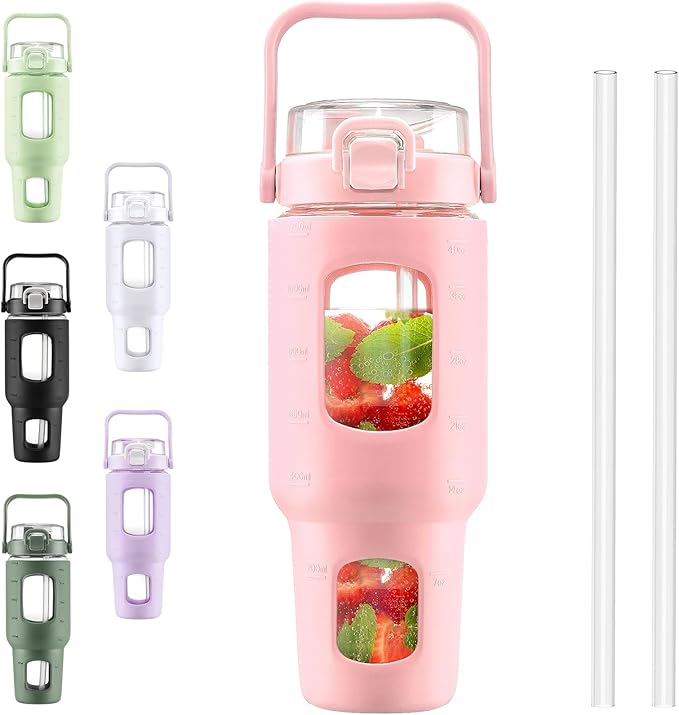 BLUEGO 40 oz Glass Water Bottles with Straw Time Marker, Glass Tumbler with Handle Top Lids, Easy to Clean, Fits in Car Cup Holder, Leakproof Jug for Gym, Sports, Workout & Daily, Pink
