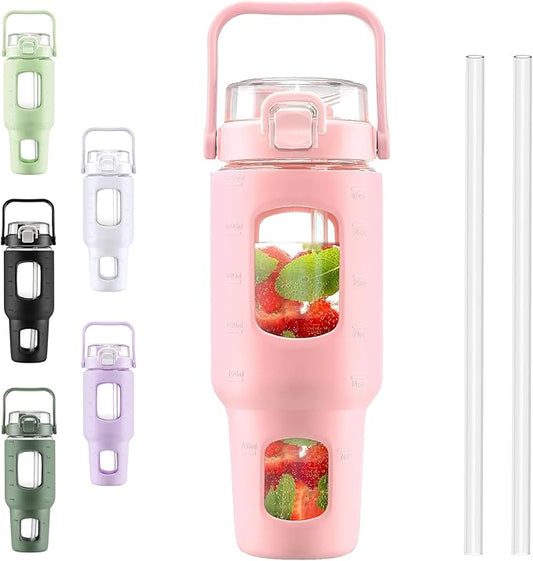 BLUEGO 40 oz Glass Water Bottles with Straw Time Marker, Glass Tumbler with Handle Top Lids, Easy to Clean, Fits in Car Cup Holder, Leakproof Jug for Gym, Sports, Workout & Daily, Pink