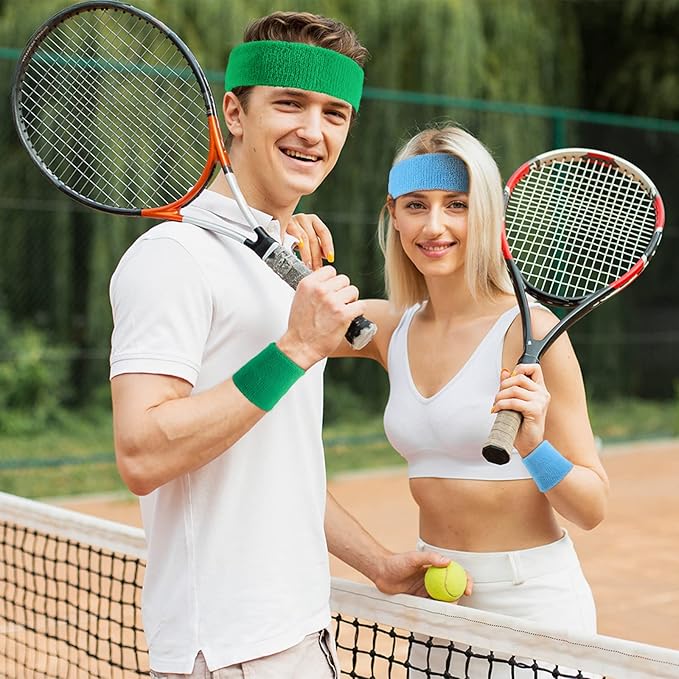 18 Pcs Sweatbands Headband Wristband Set Colorful Striped Terry Cloth Sports Athletic Gym 80s Sweat Headbands