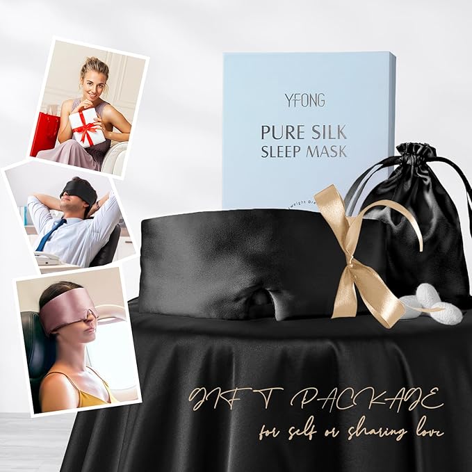 YFONG 100% Mulberry Silk Sleep Mask, Total Blackout Eye Mask for Women & Men, 22 Momme 6A Grade Silk with Adjustable Band Designed for Side Sleeper Black
