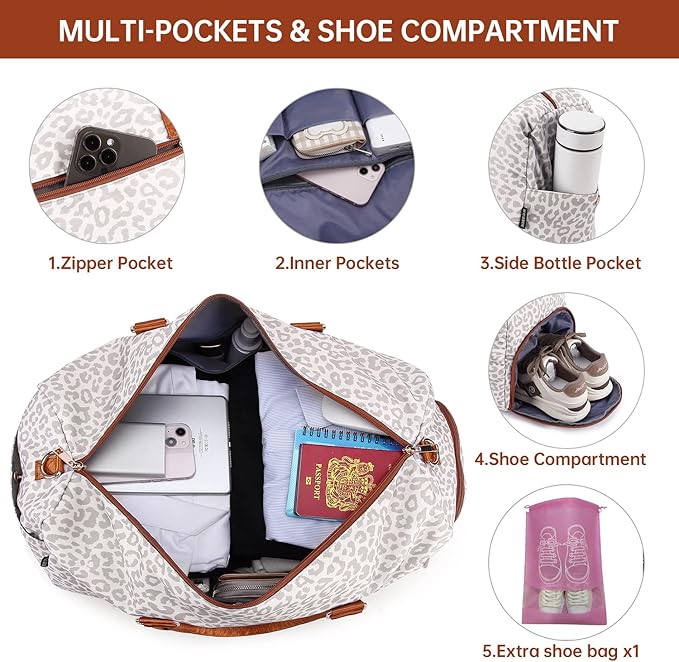 Duffle Bag for Travel, Weekender Bag with Shoe Compartment, Carry On Overnight Bag for Women with Toiletry Bag, Gym Bag with Wet Pocket, Hospital Bags for Labor and Delivery Beige