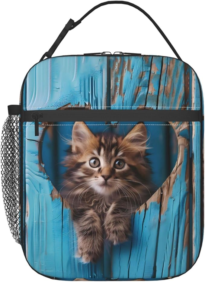 Cat Polyester Lunch Box for Kids Teen,Cute Reusable Thermal Lunch Bag for Adult Women,Heart Kitten Insulated Tote Cooler Bags for School,Work,Picnic,Travel,Blue Wooden Design
