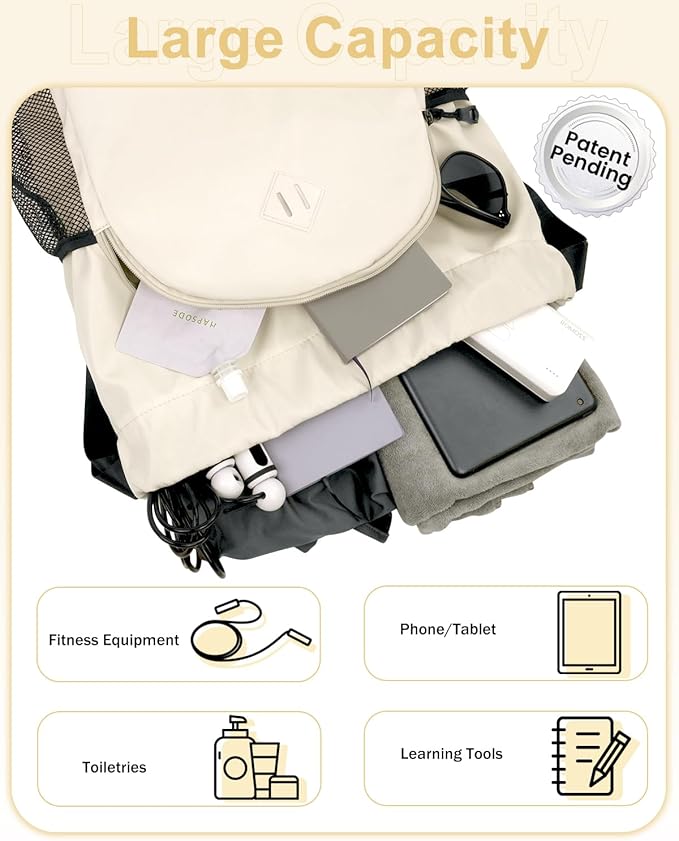 Drawstring Backpack Gym Backpack with Shoe Compartment for Men Women String Sports Bag with Wet Pocket Cinch Swim Beach Bag, Beige (Patent Pending)