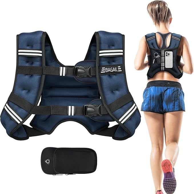 BAGAIL Weighted Vest, 5lbs/8lbs/10lbs/12lbs/15lbs/20lbs/25lbs/30lbs Weight Vest with Detachable Phone Pouch, Rucking Vest for Women, Men, Walking, Weight Loss, Training, Running