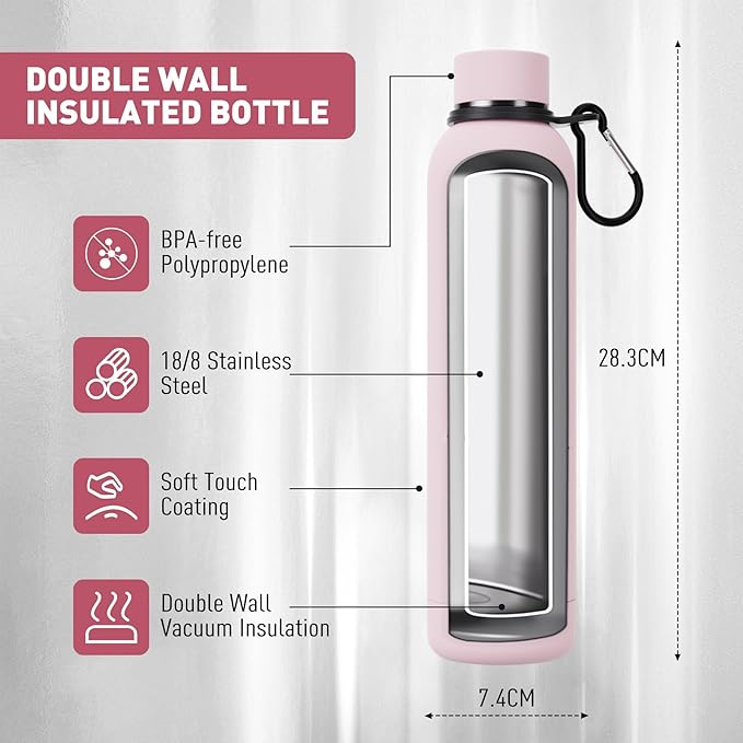 Slim Insulated Water Bottles for Travel 25oz with Clip, Double Wall Vacuum Stainless Steel Water Bottle Keeps Drinks Cold 24 Hrs/Hot 12 Hrs, 100% Leakproof, BPA Free(Pink)