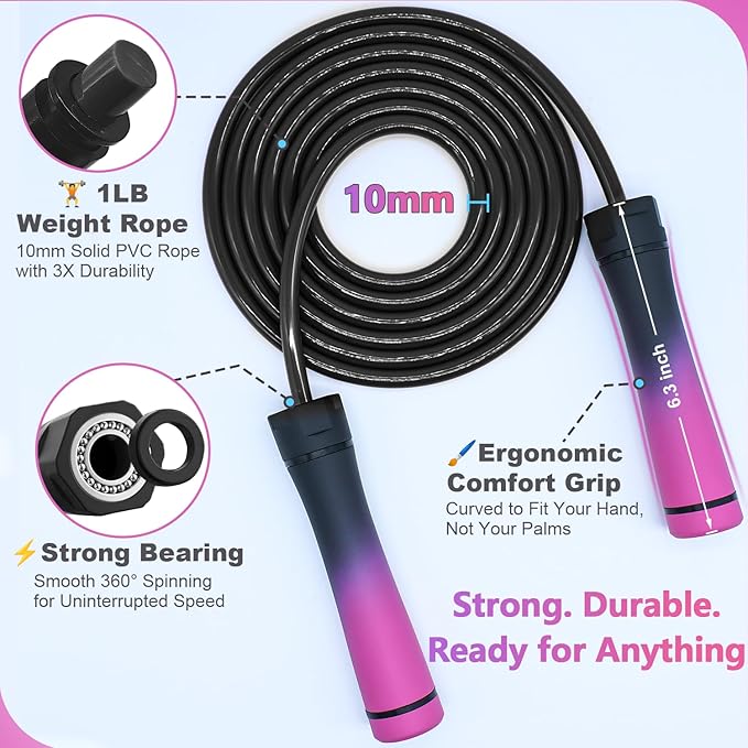 Weighted Jump Rope, 1LB Tangle-Free Ball Bearing Rapid Speed Skipping Rope for Men Women, Adjustable 9mm Cotton & PVC Rope with Alum Handle for Boxing MMA Weight-Loss Athletic Workout Fitness